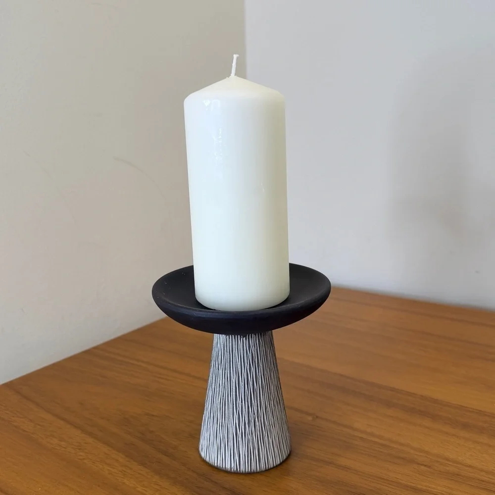 Pier One Mushroom Pedestal Pillar Candle Holder Etched Ceramic Boho MCM